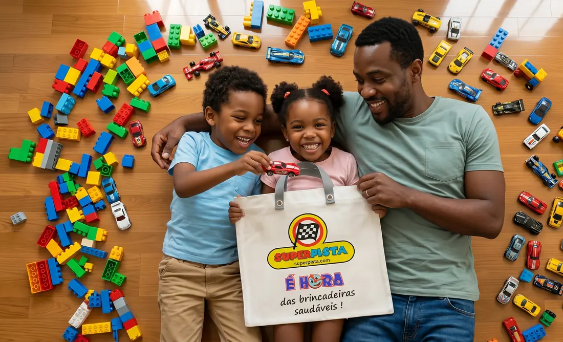 Pai e dois filhos deitados no chão entre carrinhos e blocos, segurando a sacola do Super Pista.