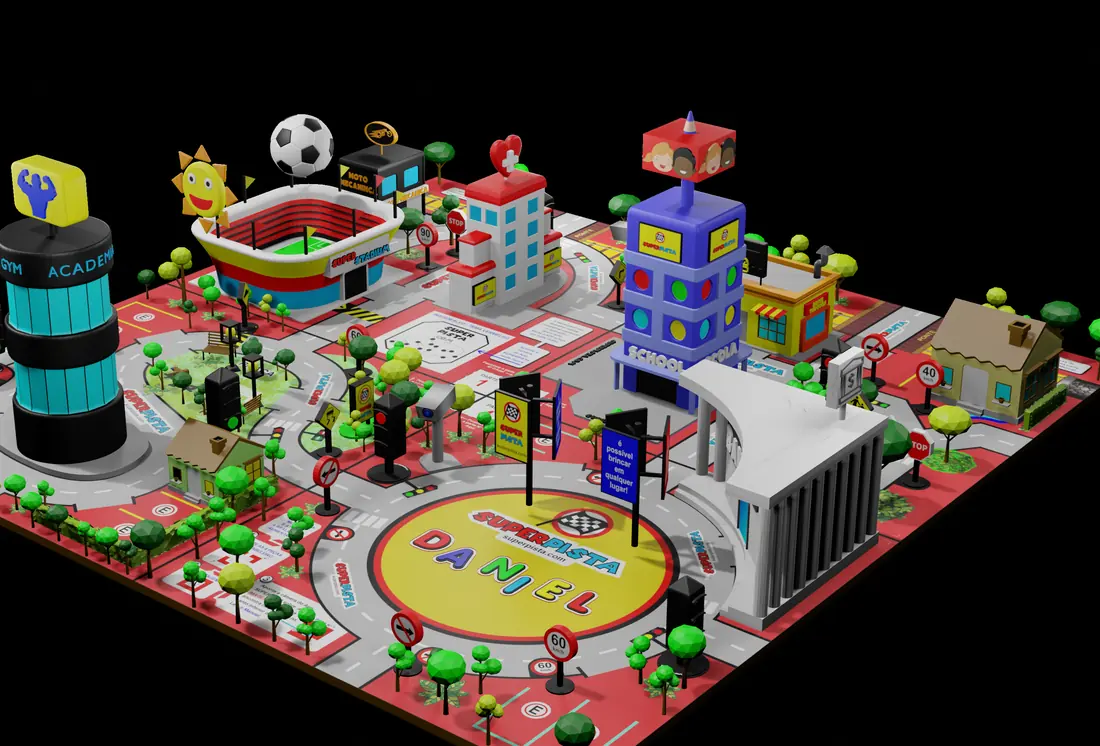 A cidade do tabuleiro em 3D, com prédios, estádio e árvores de pé sobre as ruas.